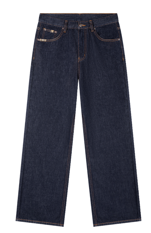 Dark indigo blue denim jeans with a straight leg, displayed flat against a solid white background.