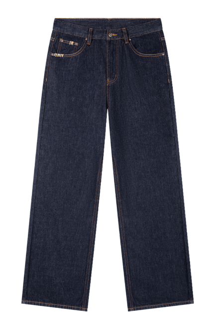 Dark indigo blue denim jeans with a straight leg, displayed flat against a solid white background.