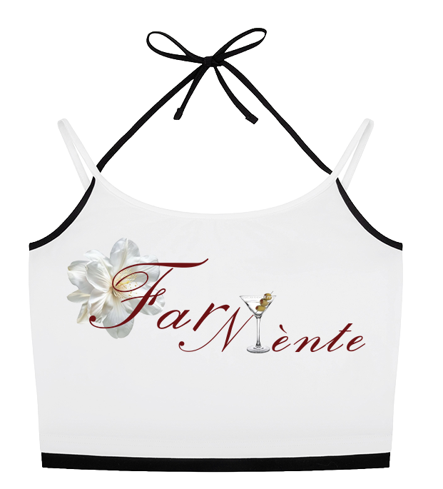 White halter crop top with black trim and straps, featuring a graphic on the front with a white flower, a gold ring, and the text 'FairMiente' in red and black script.