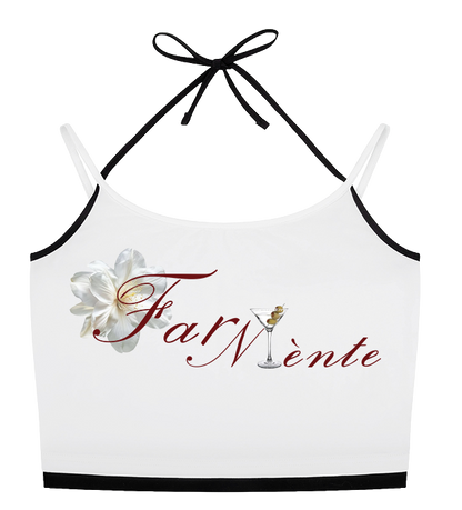 White halter crop top with black trim and straps, featuring a graphic on the front with a white flower, a gold ring, and the text 'FairMiente' in red and black script.