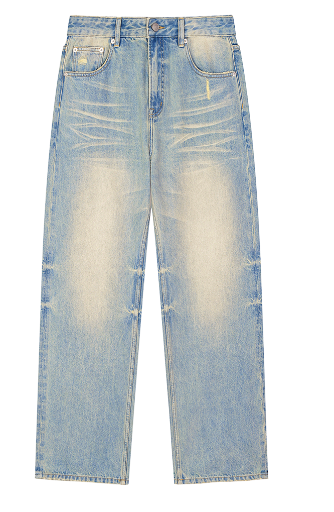 Light blue high-waisted denim jeans with a heavily faded, washed-out finish and distressed details, shown flat against a plain white background.