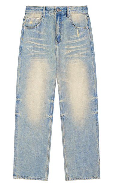 Light blue high-waisted denim jeans with a heavily faded, washed-out finish and distressed details, shown flat against a plain white background.